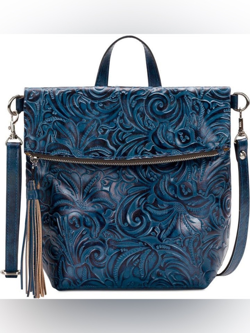 Embossed Floral Convertible Leather Backpack Tote in Teal